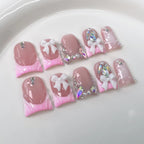 RUVIAA BEAUTY 10pcs Pink Duckbill Press-On Nails – Handmade White French with Rhinestones