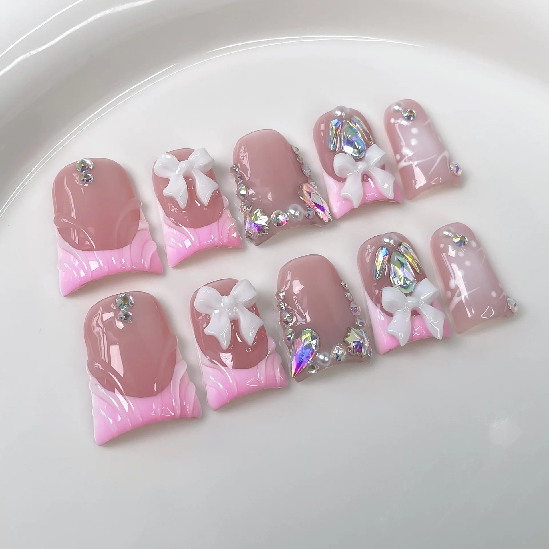 RUVIAA BEAUTY 10pcs Pink Duckbill Press-On Nails – Handmade White French with Rhinestones