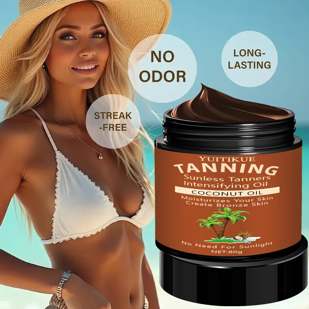 No sun exposure tanning body glowing tanning cream, coconut oil moisturizes the skin to give it a bronzed appearance.