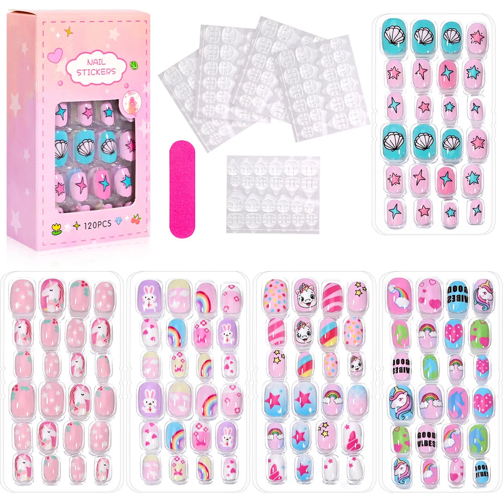 RUVIAA BEAUTY 120Pcs Kids Cartoon Press-On Nails – Kawaii Acrylic Full Cover Short False Nails with Jelly Glue