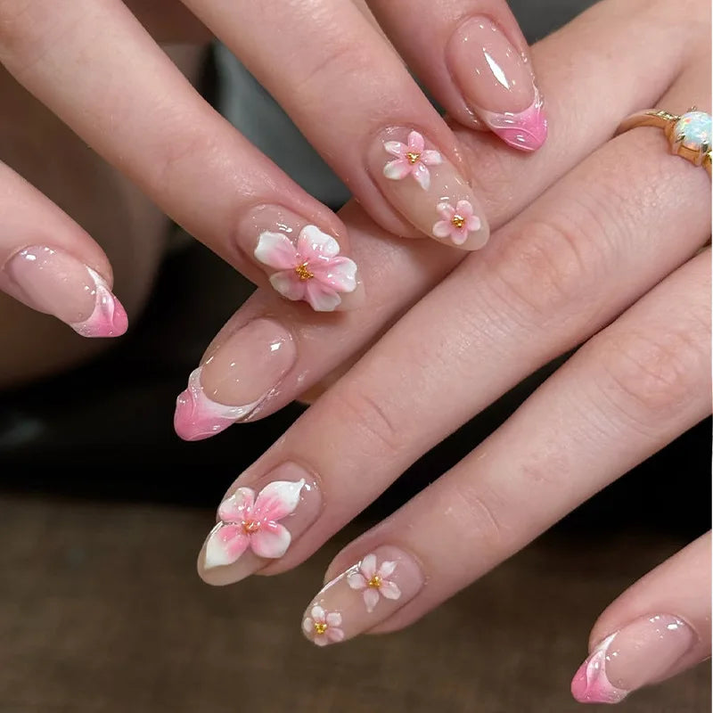 24PCS Pink Almond Press on Nails Full Cover Carved Flower 3D Ripples French Fake Nails for Women with Golden Pearl Wearable Nail