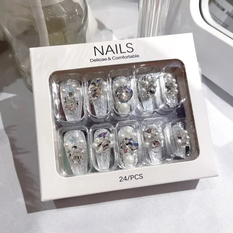 RUVIAA BEAUTY Blue Press On Nails Snowflake Rhinestone Long 24pcs
