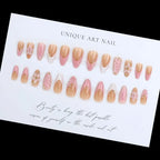 24PCS Pink Almond Press on Nails Full Cover Carved Flower 3D Ripples French Fake Nails for Women with Golden Pearl Wearable Nail