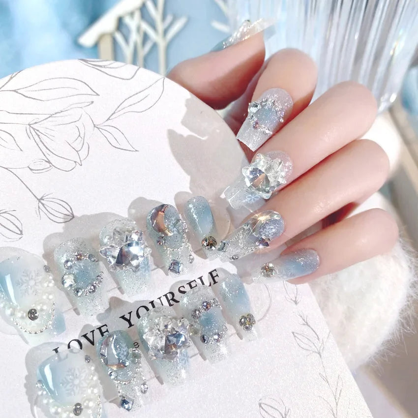 RUVIAA BEAUTY Blue Press On Nails Snowflake Rhinestone Long 24pcs
