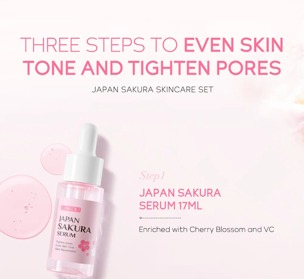 3pcs/set LAIKOU Skin Care Set Vitamin C Sakura Snail Essence Serum & Eye Cream & Face Cream Moisturizer Travel Size Skincare Set