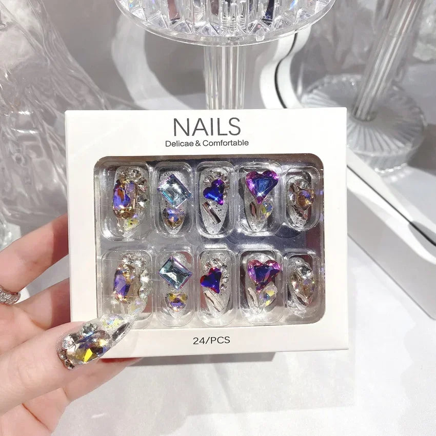 RUVIAA BEAUTY Blue Press On Nails Snowflake Rhinestone Long 24pcs