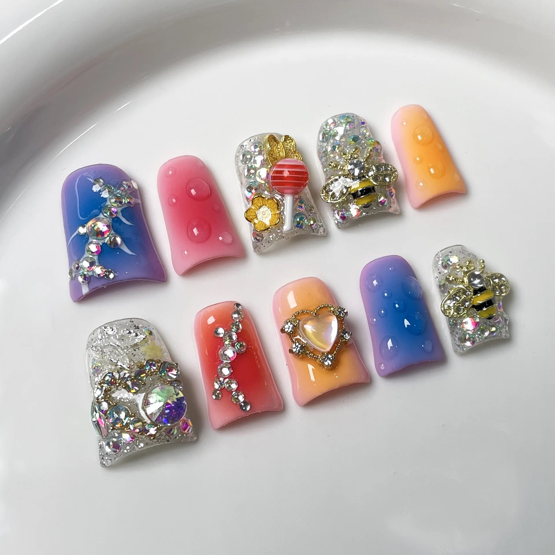 RUVIAA BEAUTY 10pcs Pink Duckbill Press-On Nails – Handmade White French with Rhinestones