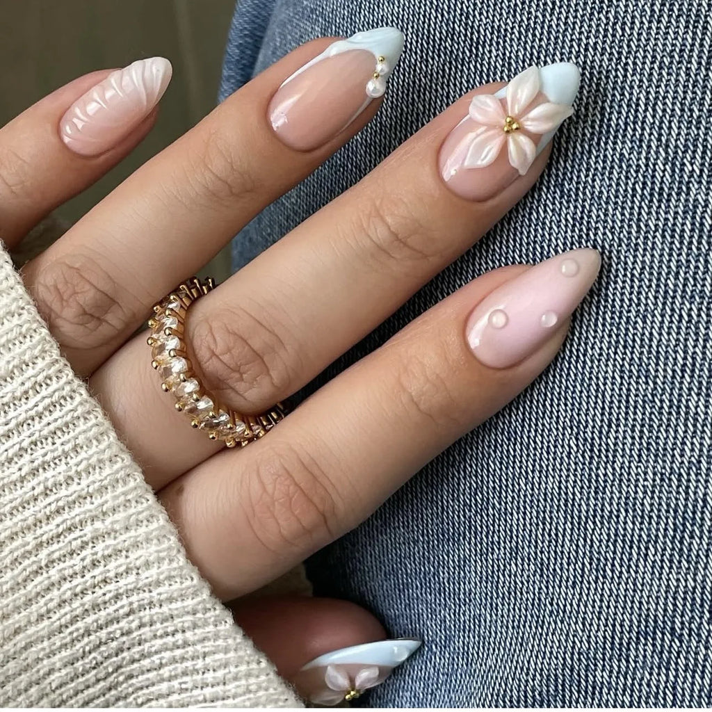 24PCS Pink Almond Press on Nails Full Cover Carved Flower 3D Ripples French Fake Nails for Women with Golden Pearl Wearable Nail