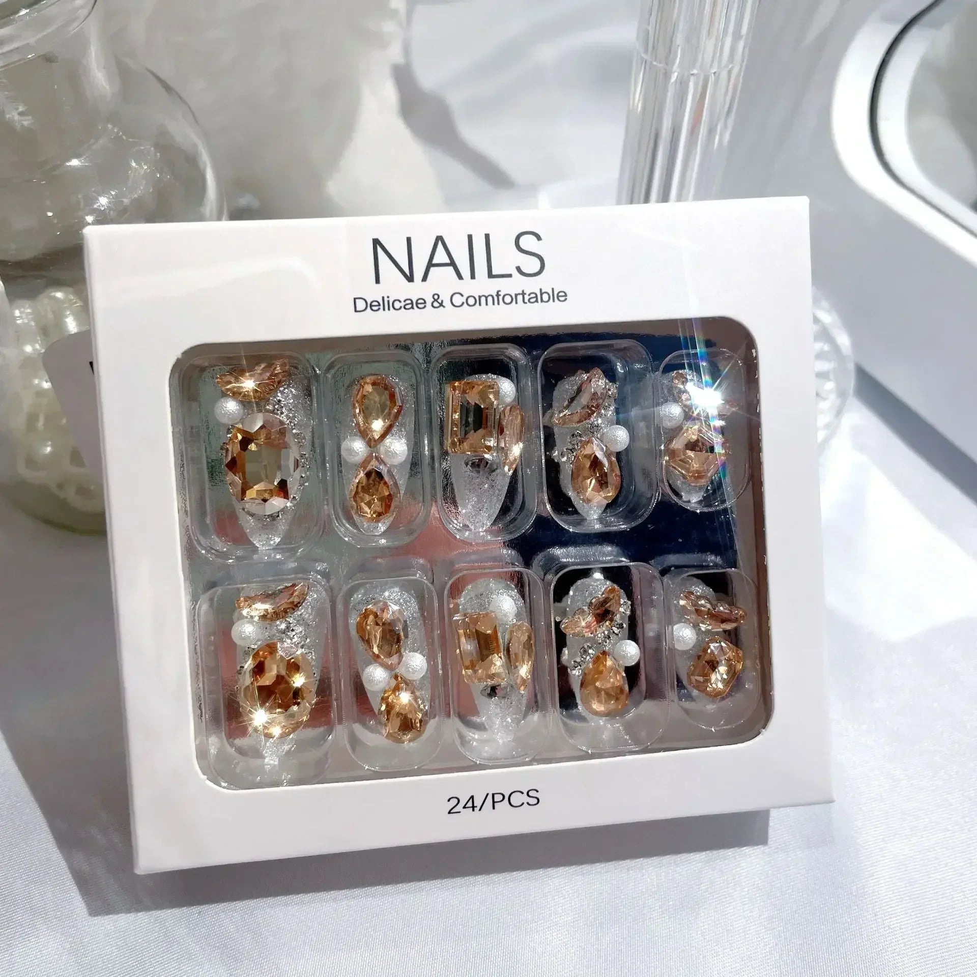 RUVIAA BEAUTY Blue Press On Nails Snowflake Rhinestone Long 24pcs