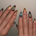 24PCS Pink Almond Press on Nails Full Cover Carved Flower 3D Ripples French Fake Nails for Women with Golden Pearl Wearable Nail