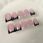 RUVIAA BEAUTY 10pcs Pink Duckbill Press-On Nails – Handmade White French with Rhinestones