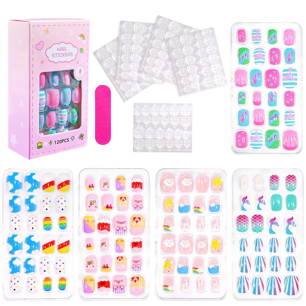 RUVIAA BEAUTY 120Pcs Kids Cartoon Press-On Nails – Kawaii Acrylic Full Cover Short False Nails with Jelly Glue