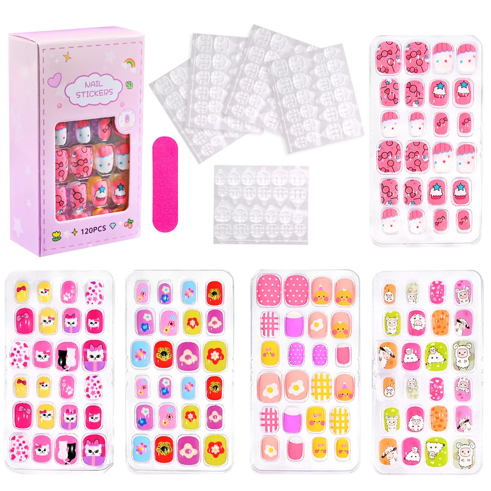 RUVIAA BEAUTY 120Pcs Kids Cartoon Press-On Nails – Kawaii Acrylic Full Cover Short False Nails with Jelly Glue