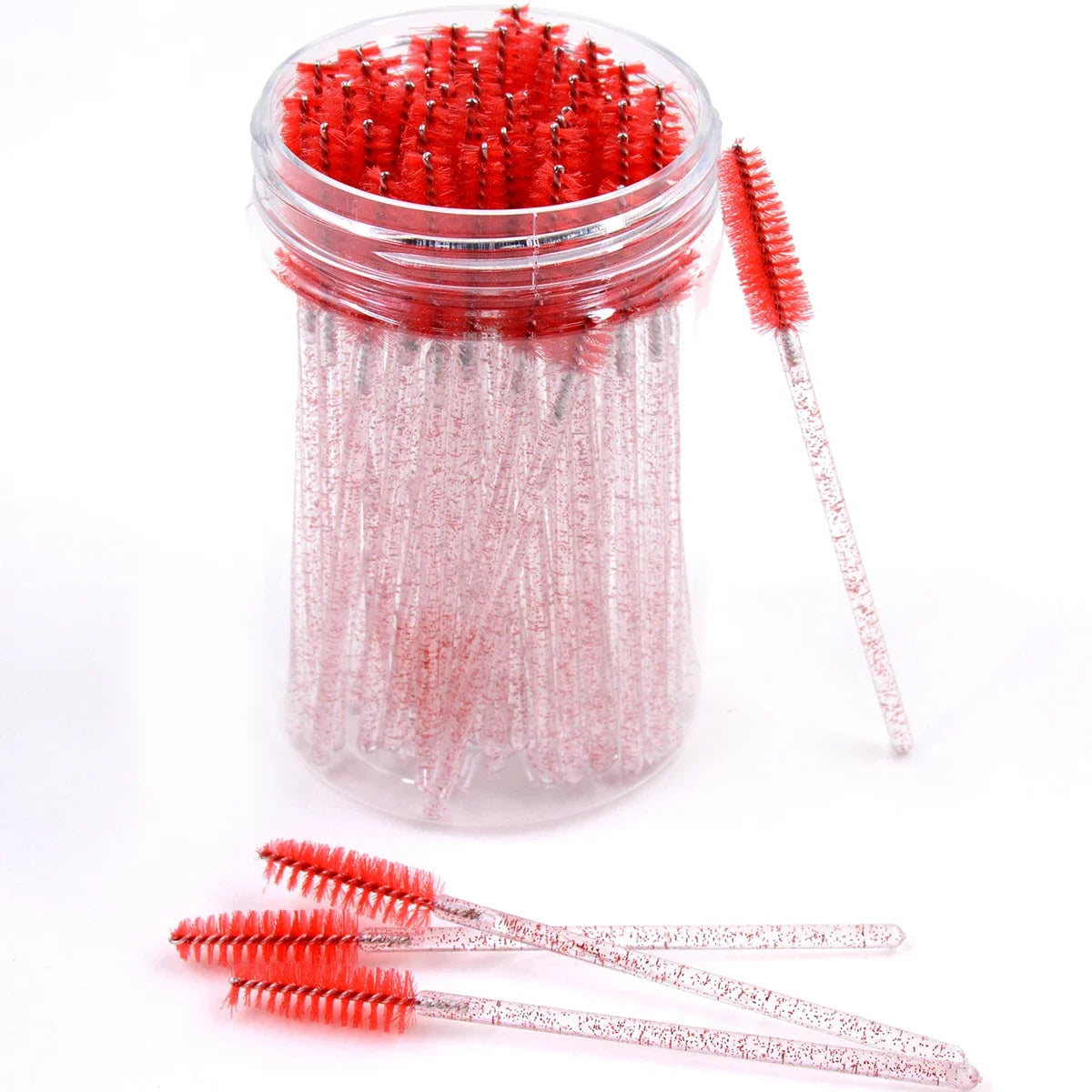 CNKESS 50Pcs/Bottle Disposable Eyelash Extension Mascara Wand Glitter Micro Lash Brushes Spoolie With Container Case Wholesale