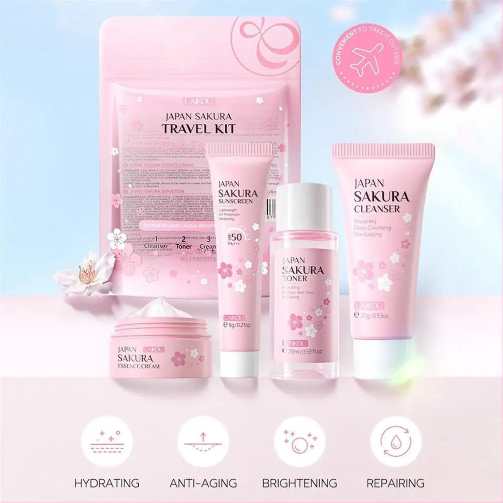 Sakura skin care sets with cleanser, serum, eye cream, facial cream, sunscreen beauty products for women, travel skin care kit