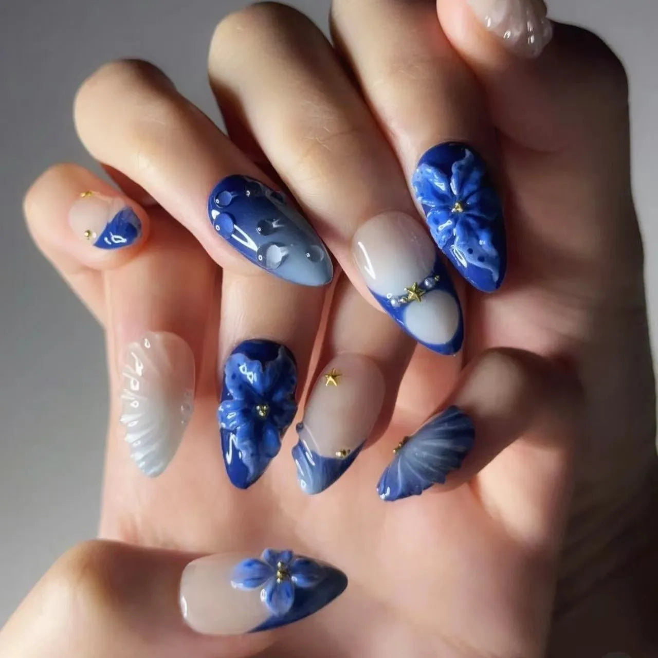 24PCS Pink Almond Press on Nails Full Cover Carved Flower 3D Ripples French Fake Nails for Women with Golden Pearl Wearable Nail