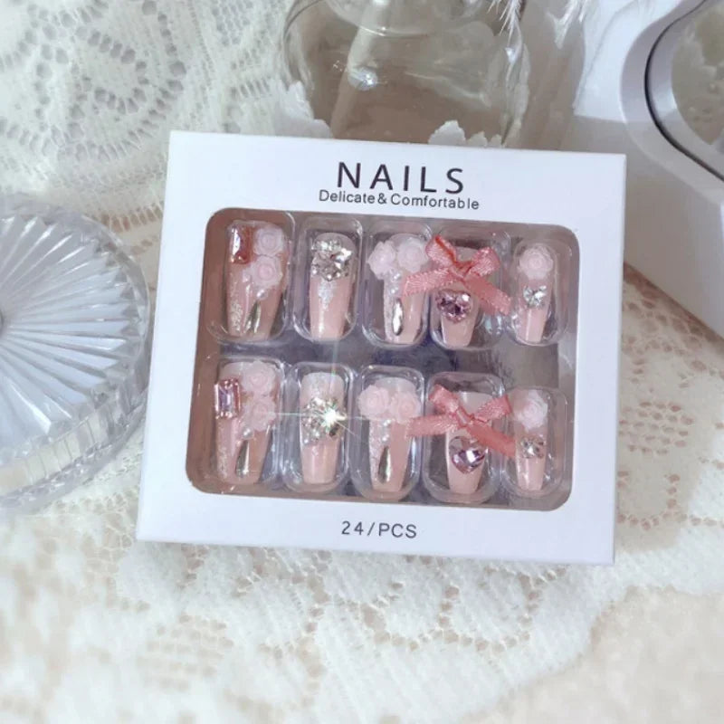 RUVIAA BEAUTY Blue Press On Nails Snowflake Rhinestone Long 24pcs