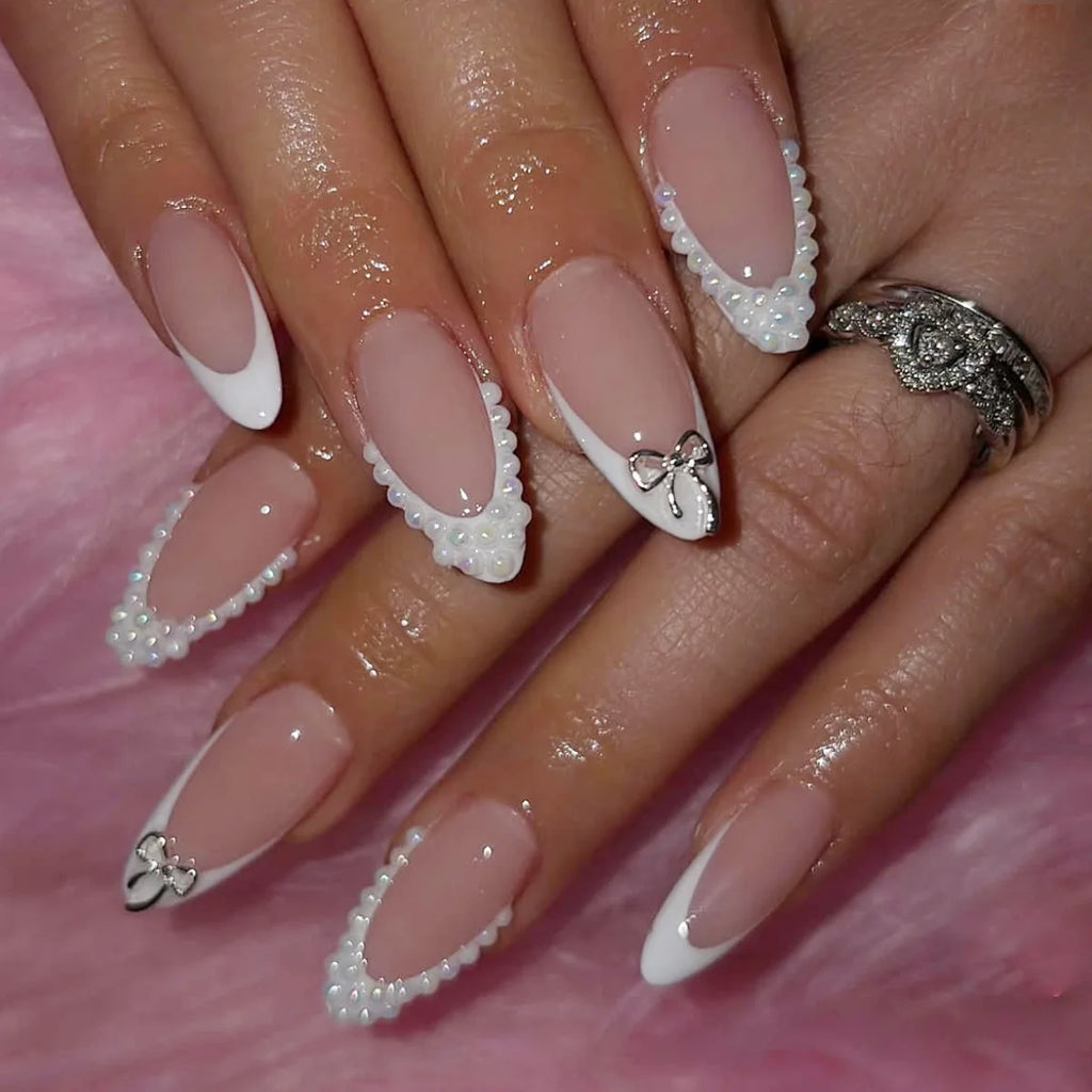 RUVIAA BEAUTY White French Press-On Nails with 3D Bow – Full Cover Fake Nails | 24PCS