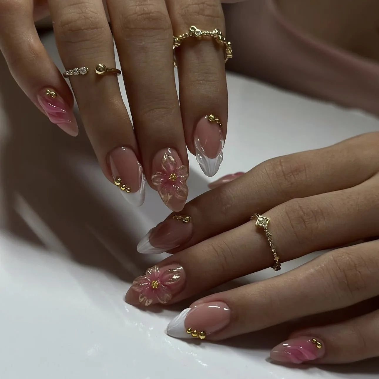 24PCS Pink Almond Press on Nails Full Cover Carved Flower 3D Ripples French Fake Nails for Women with Golden Pearl Wearable Nail