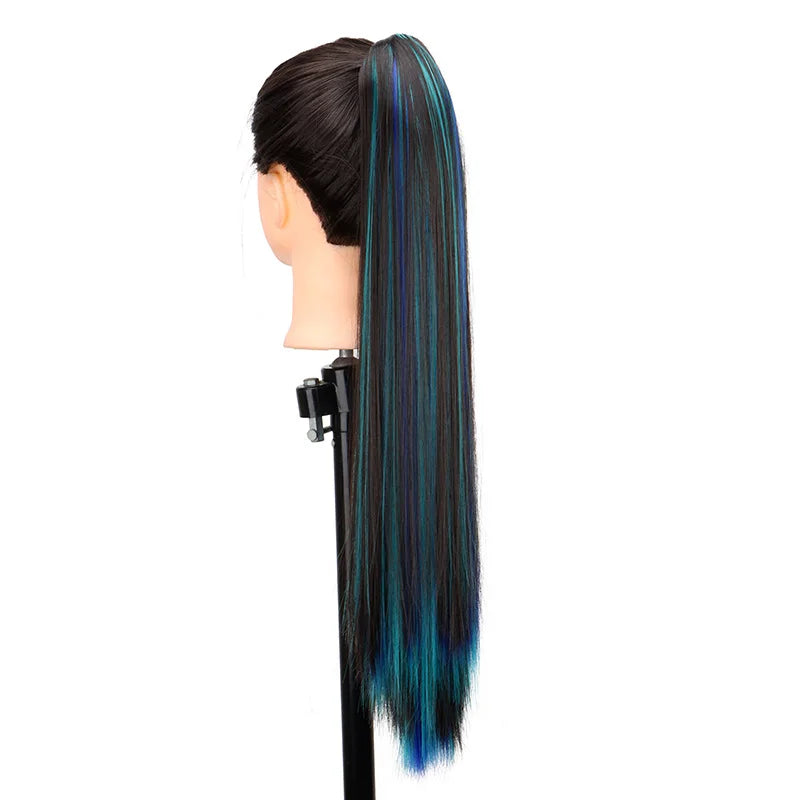 Synthetic 24Inch Claw Ponytail Hair Extension High Heat Resistant Mix Highlights Color Long Straight Clip-in Hairpiece for Women
