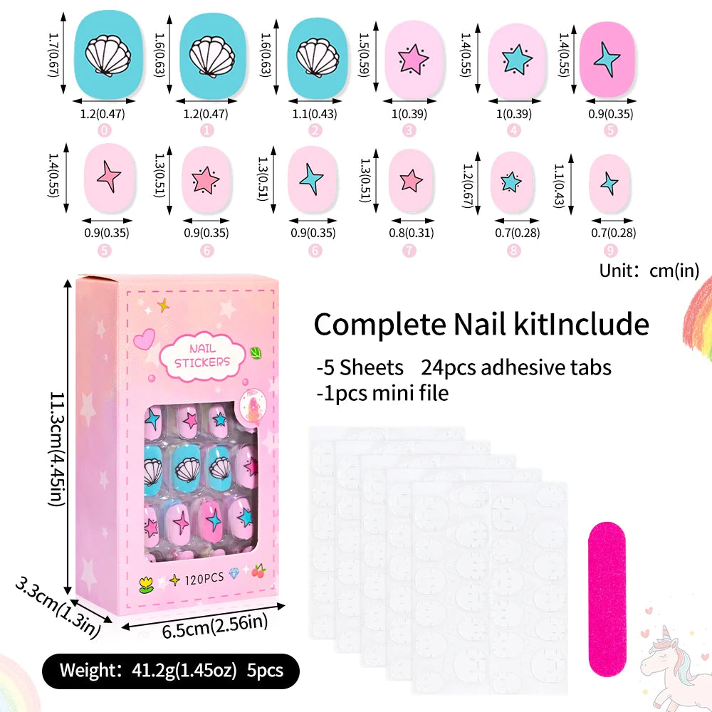 RUVIAA BEAUTY 120Pcs Kids Cartoon Press-On Nails – Kawaii Acrylic Full Cover Short False Nails with Jelly Glue