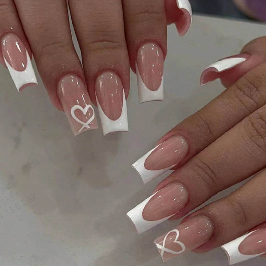 RUVIAA BEAUTY 24PCS Press-On Nails – Short Square Heart French Tips