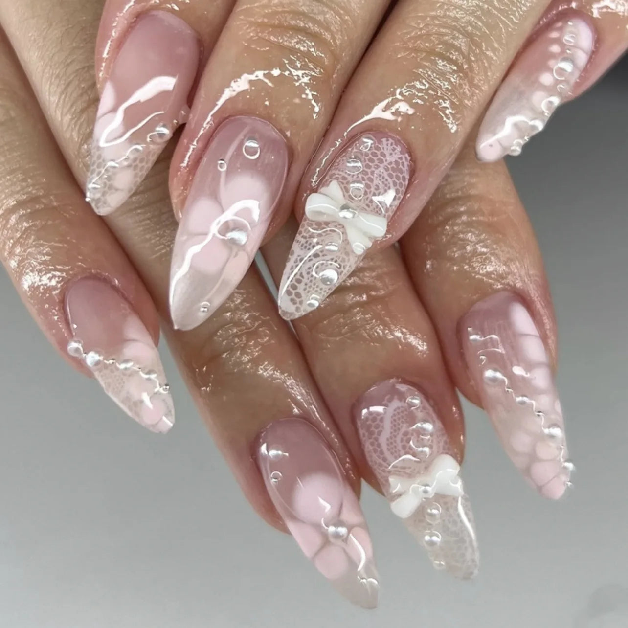 24PCS Pink Almond Press on Nails Full Cover Carved Flower 3D Ripples French Fake Nails for Women with Golden Pearl Wearable Nail