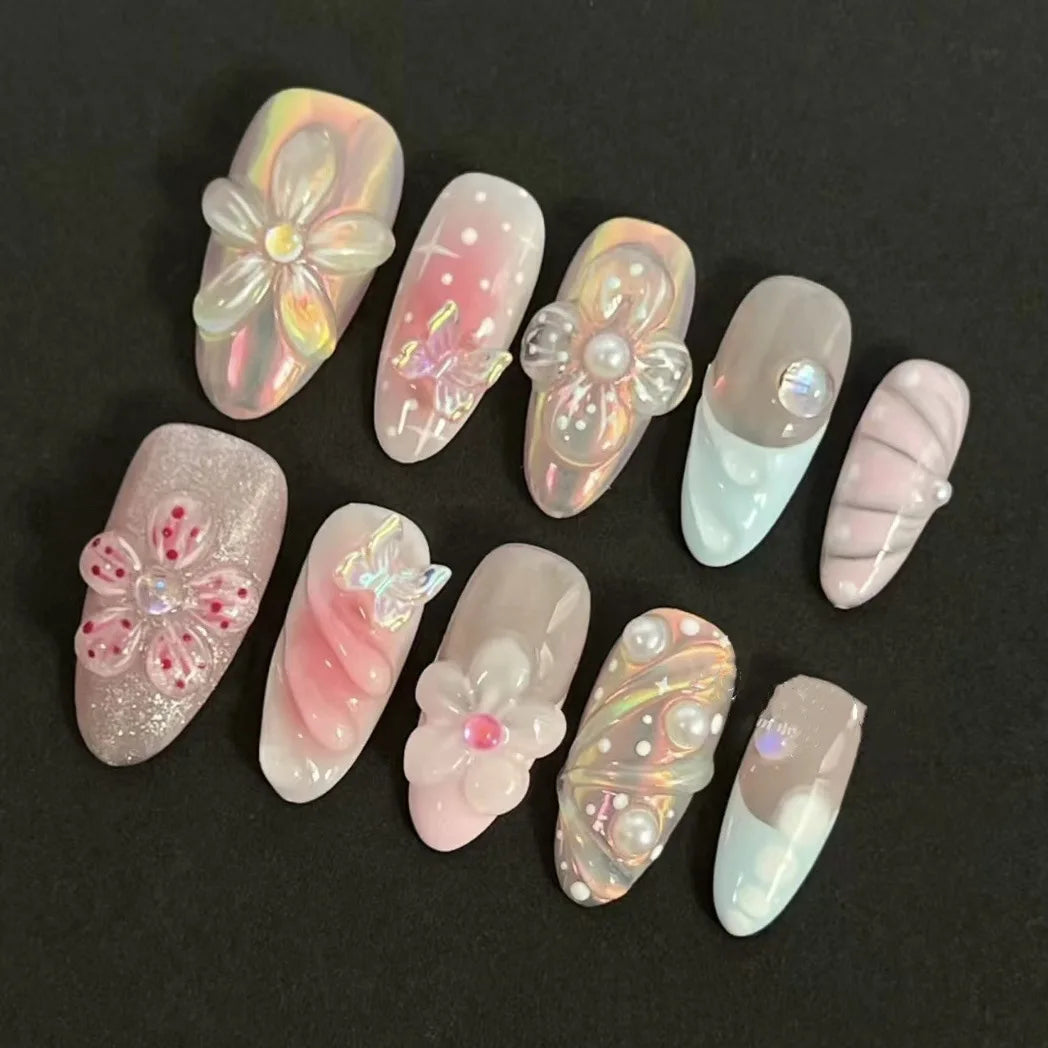 24PCS Pink Almond Press on Nails Full Cover Carved Flower 3D Ripples French Fake Nails for Women with Golden Pearl Wearable Nail