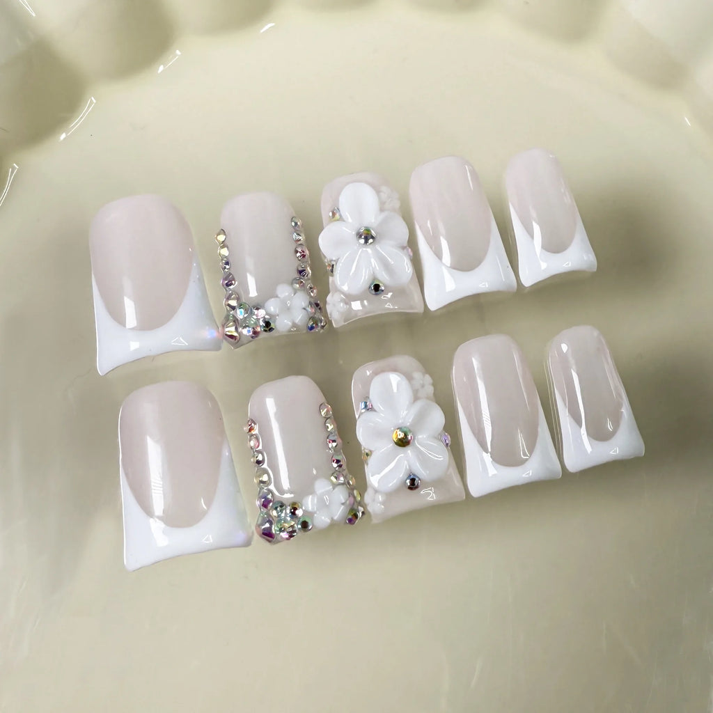 RUVIAA BEAUTY 10pcs Pink Duckbill Press-On Nails – Handmade White French with Rhinestones