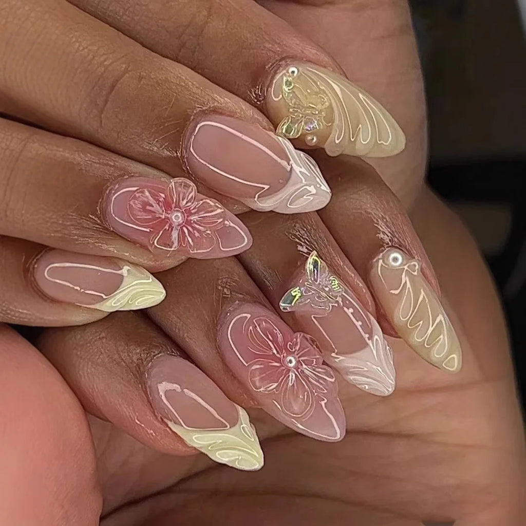 24PCS Pink Almond Press on Nails Full Cover Carved Flower 3D Ripples French Fake Nails for Women with Golden Pearl Wearable Nail