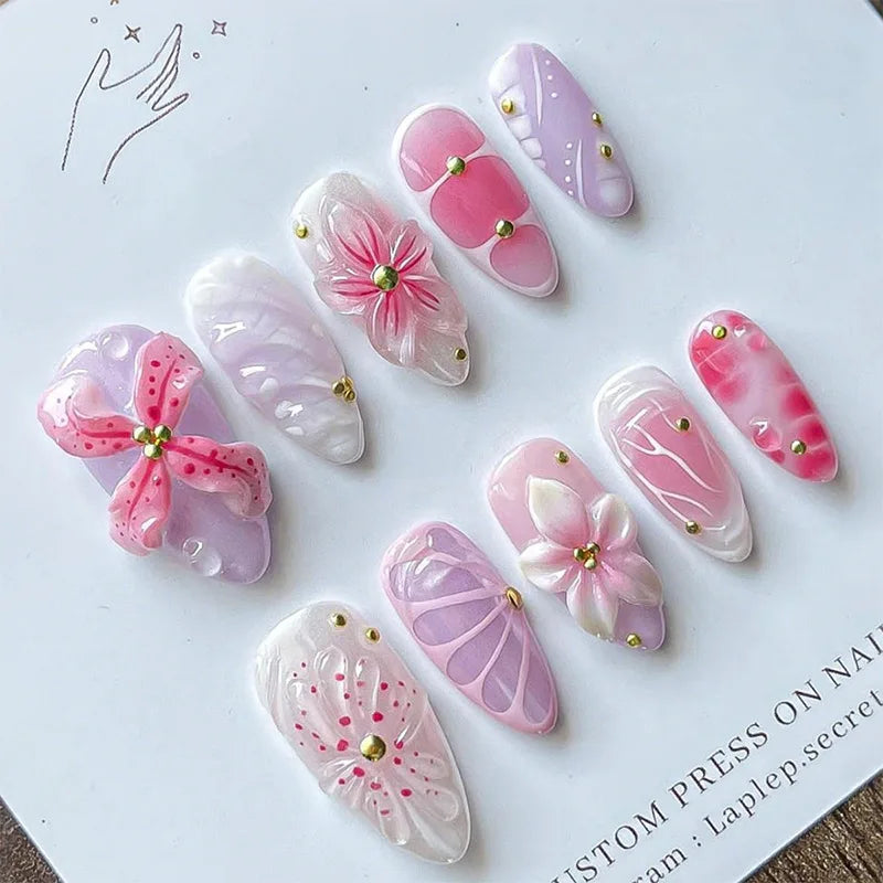 24PCS Pink Almond Press on Nails Full Cover Carved Flower 3D Ripples French Fake Nails for Women with Golden Pearl Wearable Nail