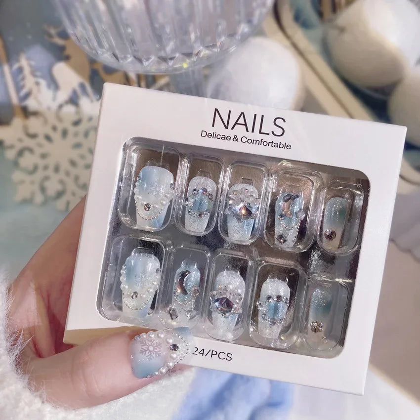 RUVIAA BEAUTY Blue Press On Nails Snowflake Rhinestone Long 24pcs