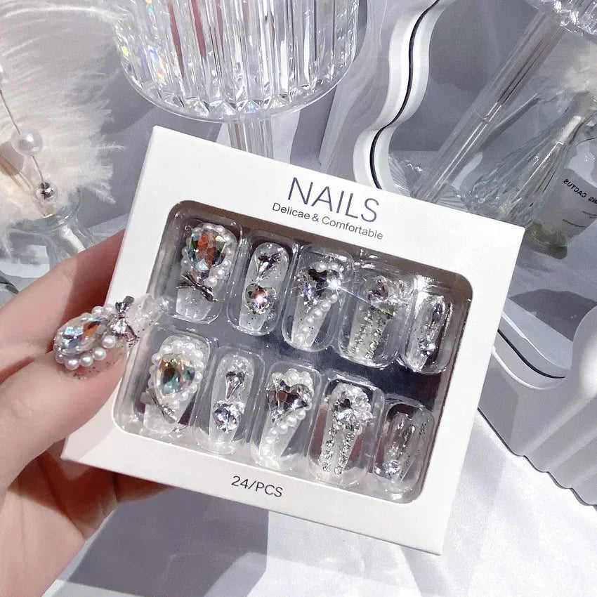 RUVIAA BEAUTY Blue Press On Nails Snowflake Rhinestone Long 24pcs