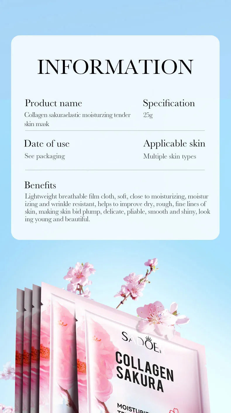 RUVIAA BEAUTY 5pcs Sakura Face Masks – Moisturizing, Brightening & Hydrating Collagen Sheet Mask