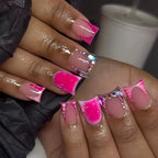 RUVIAA BEAUTY 24pcs Blue French Duckbill False Nails – Gradient Y2K Press-On with Rhinestones