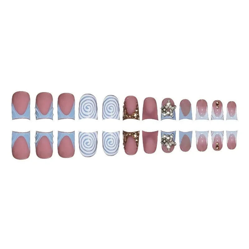 RUVIAA BEAUTY 24pcs Blue French Duckbill False Nails – Gradient Y2K Press-On with Rhinestones
