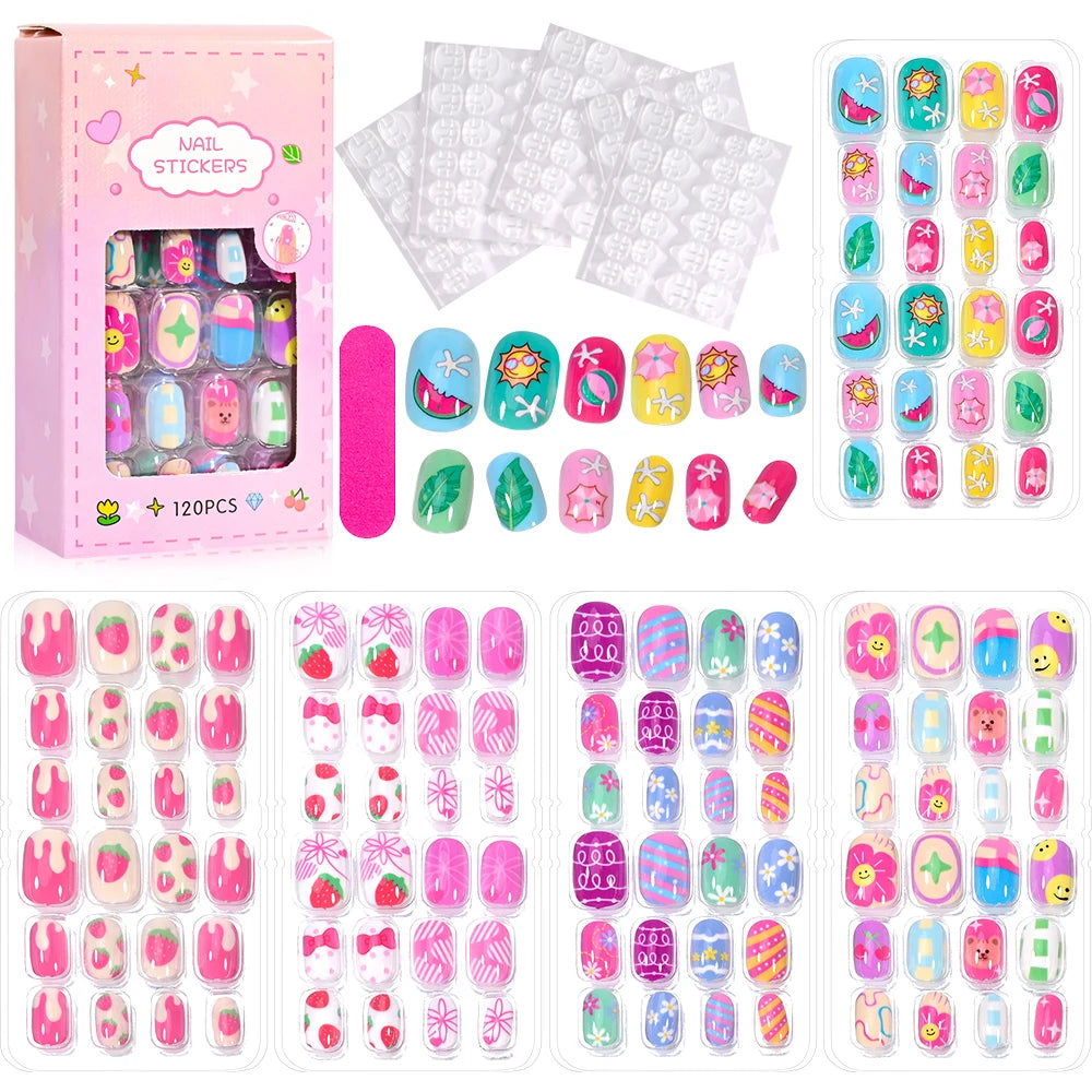 RUVIAA BEAUTY 120Pcs Kids Cartoon Press-On Nails – Kawaii Acrylic Full Cover Short False Nails with Jelly Glue