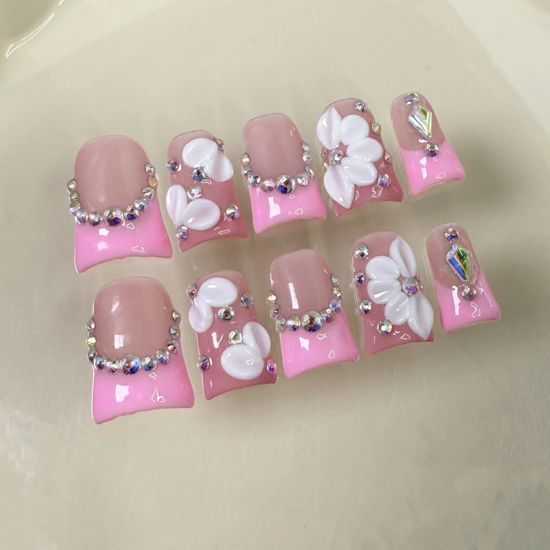 RUVIAA BEAUTY 10pcs Pink Duckbill Press-On Nails – Handmade White French with Rhinestones