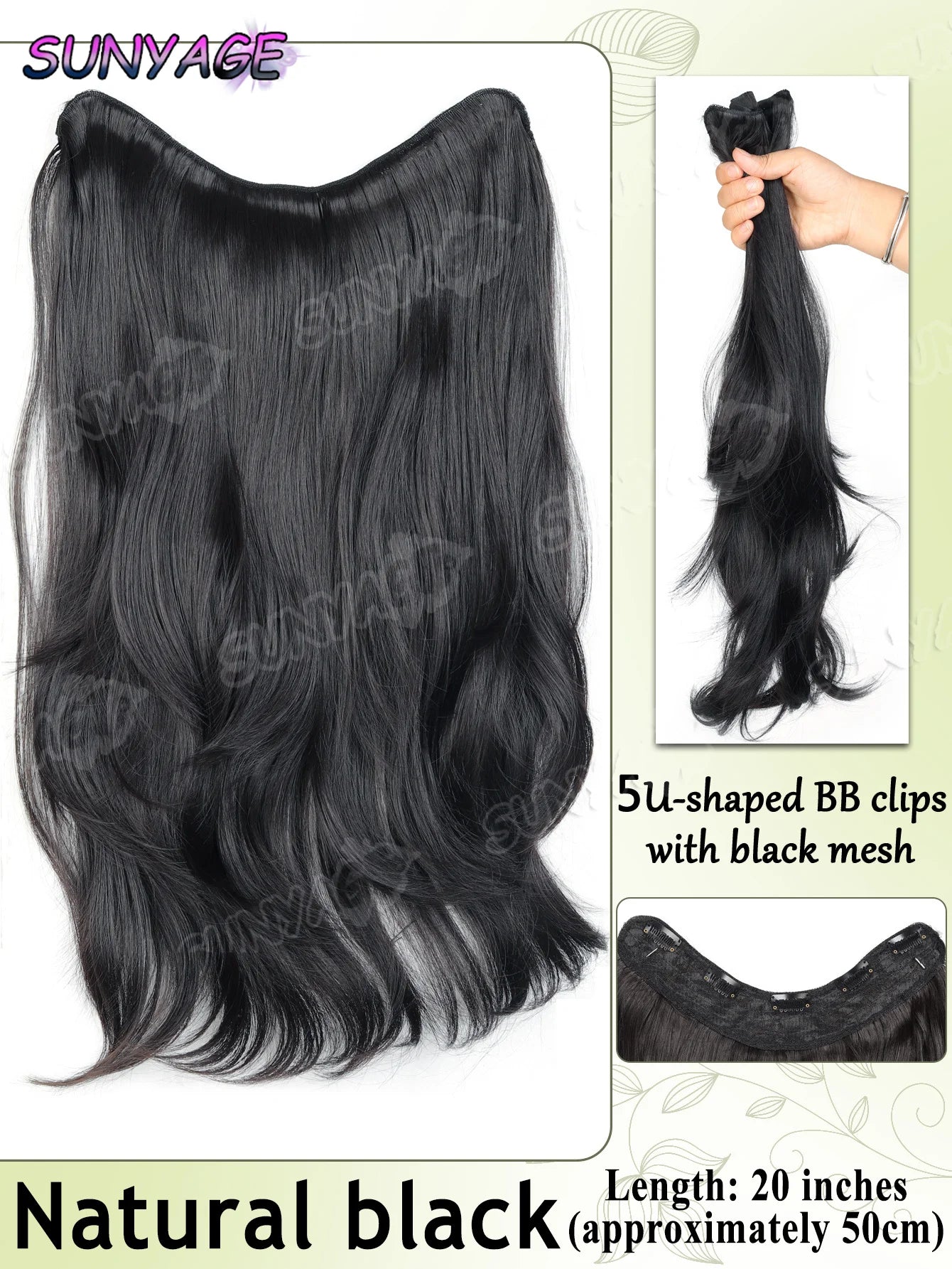 Synthetic Long Wavy Curly 20" Synthetic Hair Extensions 5 Clips Heat Resistant V-shaped Hair Piece Natural Hairstyle For Women