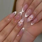 24PCS Pink Almond Press on Nails Full Cover Carved Flower 3D Ripples French Fake Nails for Women with Golden Pearl Wearable Nail