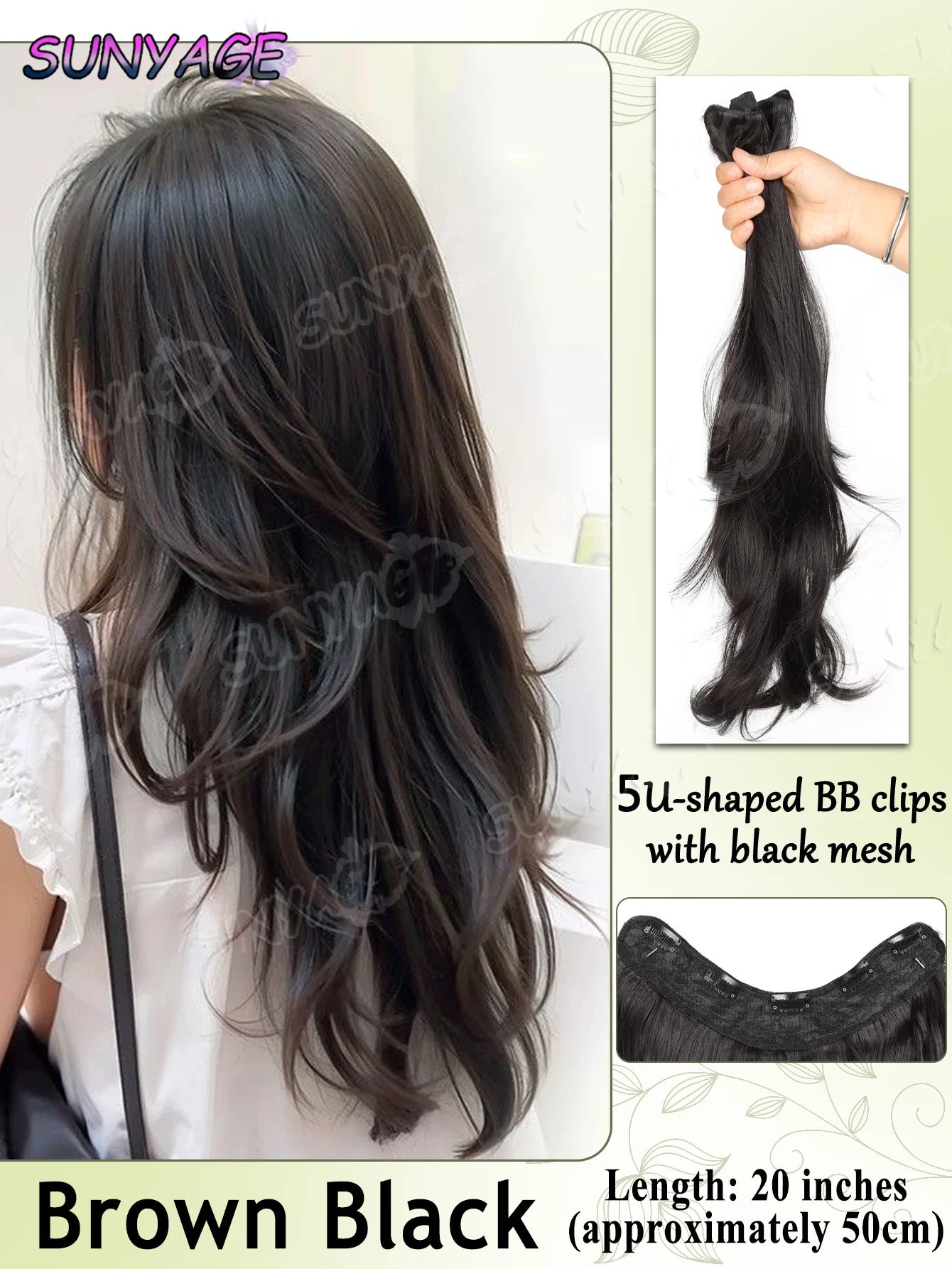 Synthetic Long Wavy Curly 20" Synthetic Hair Extensions 5 Clips Heat Resistant V-shaped Hair Piece Natural Hairstyle For Women