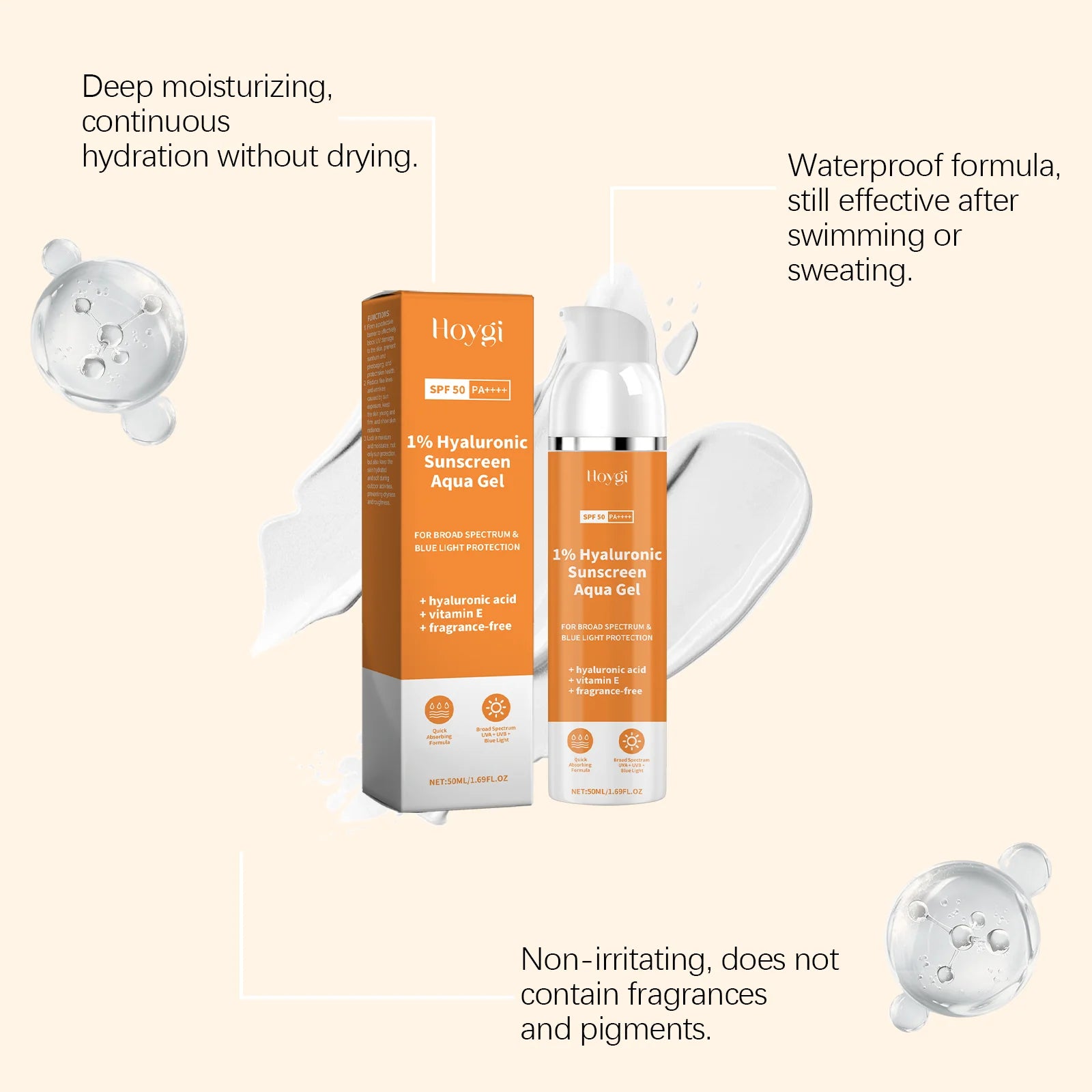 Hyaluronic Acid SPF 50+UV Protection, Antioxidant Sunscreen Isolation Cream, Lightweight, Korean, Suitable for All Skin Types
