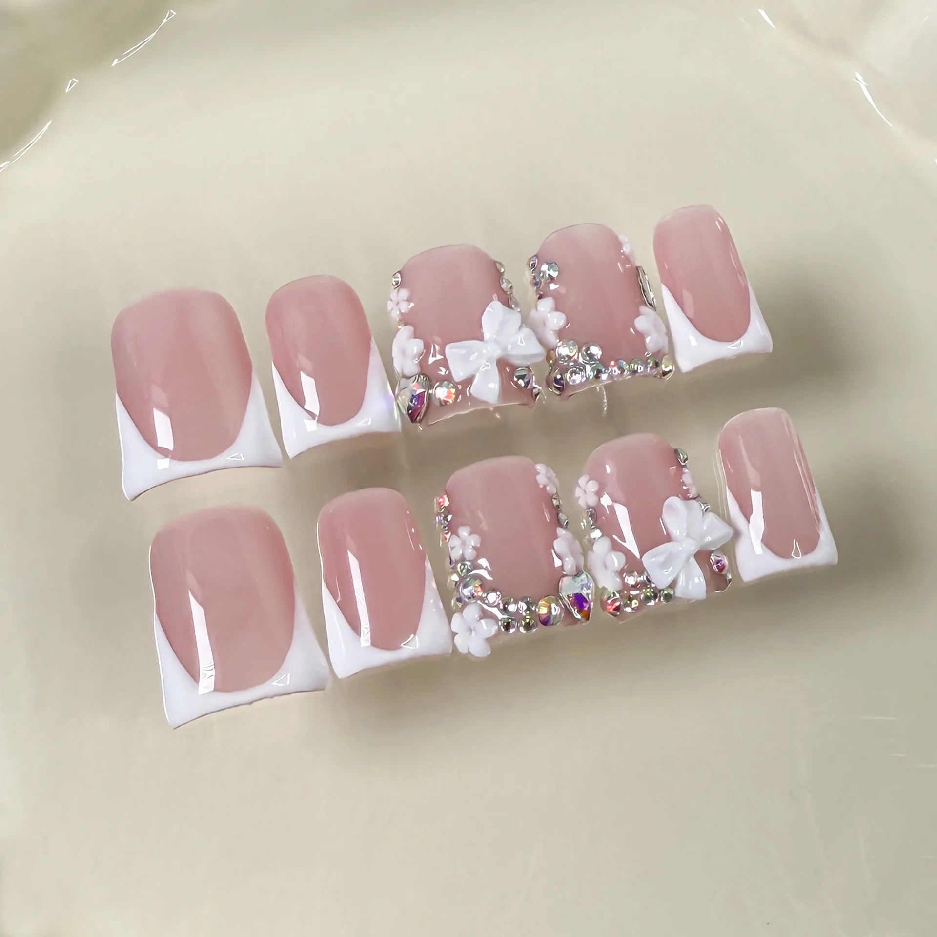 RUVIAA BEAUTY 10pcs Pink Duckbill Press-On Nails – Handmade White French with Rhinestones