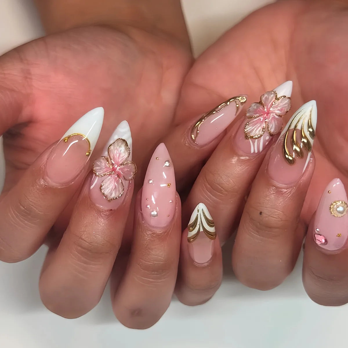24PCS Pink Almond Press on Nails Full Cover Carved Flower 3D Ripples French Fake Nails for Women with Golden Pearl Wearable Nail