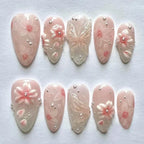 24PCS Pink Almond Press on Nails Full Cover Carved Flower 3D Ripples French Fake Nails for Women with Golden Pearl Wearable Nail