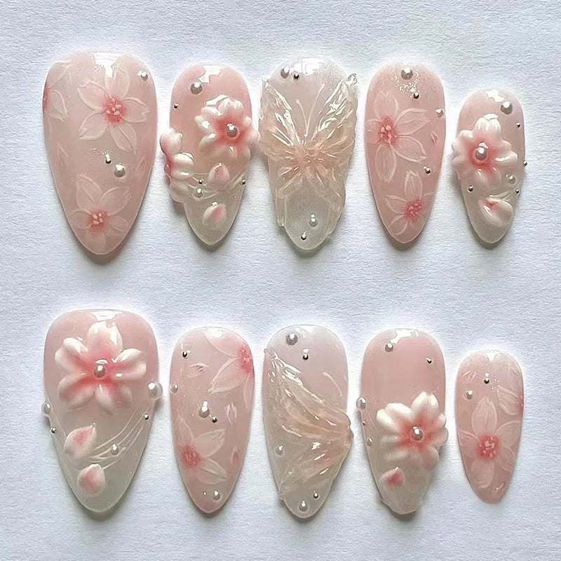 24PCS Pink Almond Press on Nails Full Cover Carved Flower 3D Ripples French Fake Nails for Women with Golden Pearl Wearable Nail