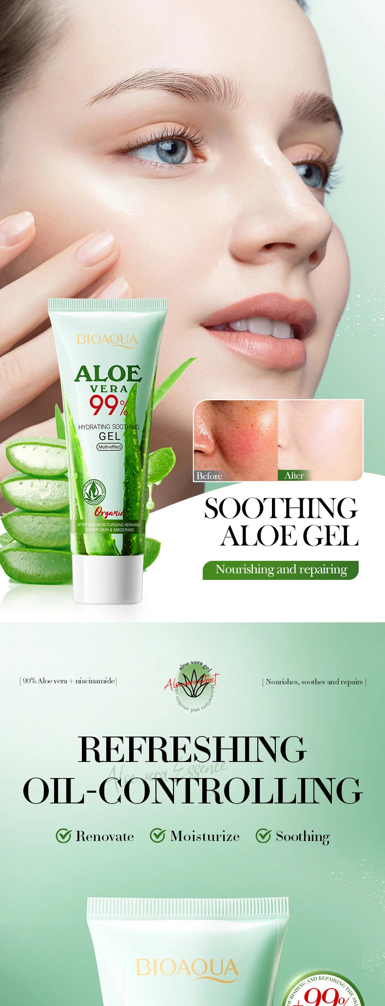 BIOAOUA Soothing Aloe Vera Gel For Face & Body Hydrating Moisturizing Repairing Sunburn Relief Acne Care For Sensitive Skin