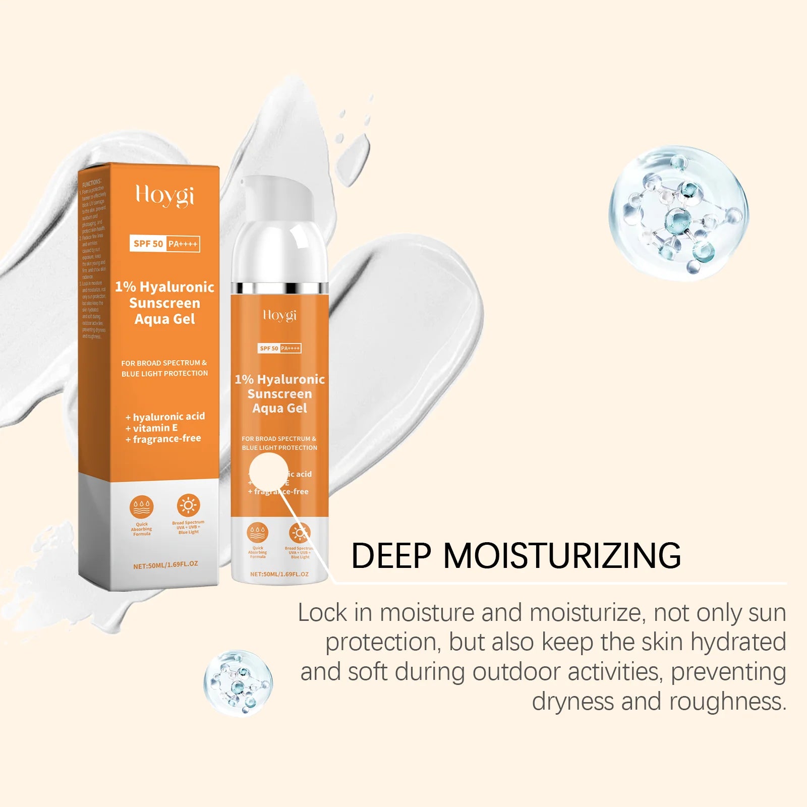 Hyaluronic Acid SPF 50+UV Protection, Antioxidant Sunscreen Isolation Cream, Lightweight, Korean, Suitable for All Skin Types