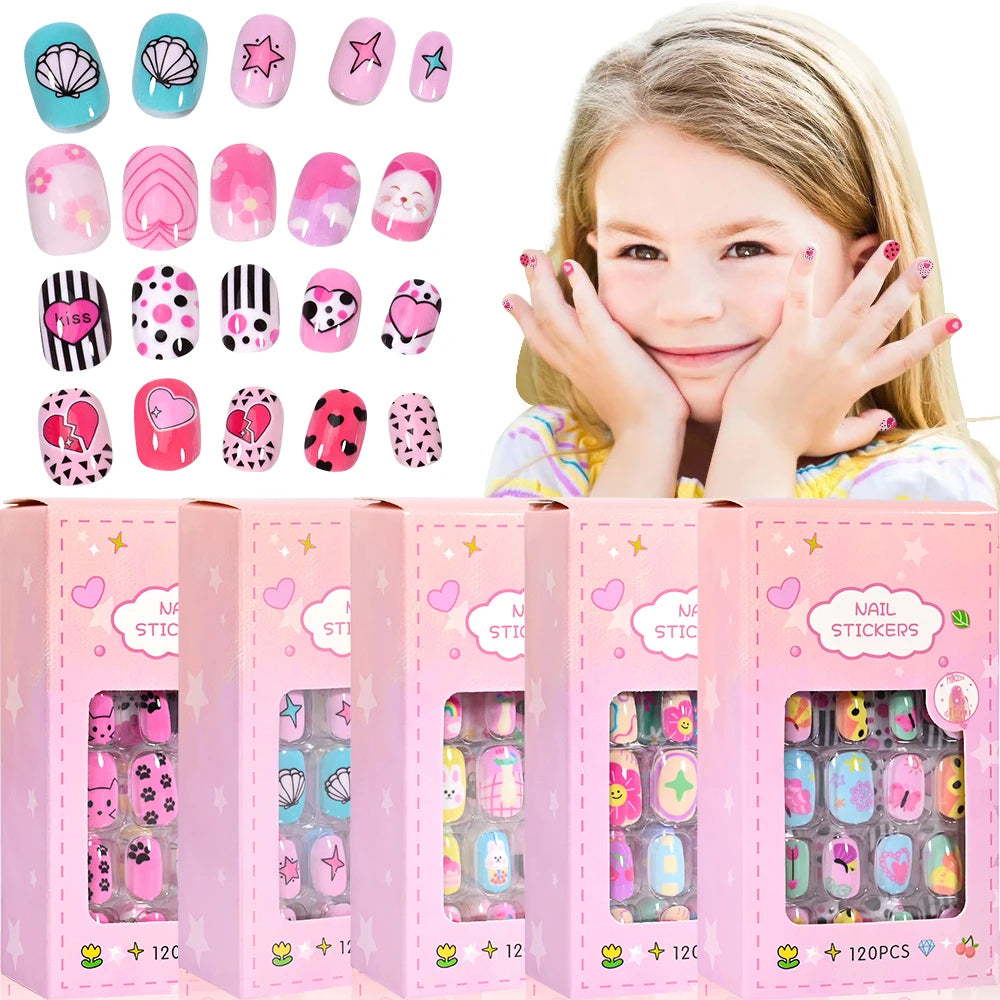 RUVIAA BEAUTY 120Pcs Kids Cartoon Press-On Nails – Kawaii Acrylic Full Cover Short False Nails with Jelly Glue