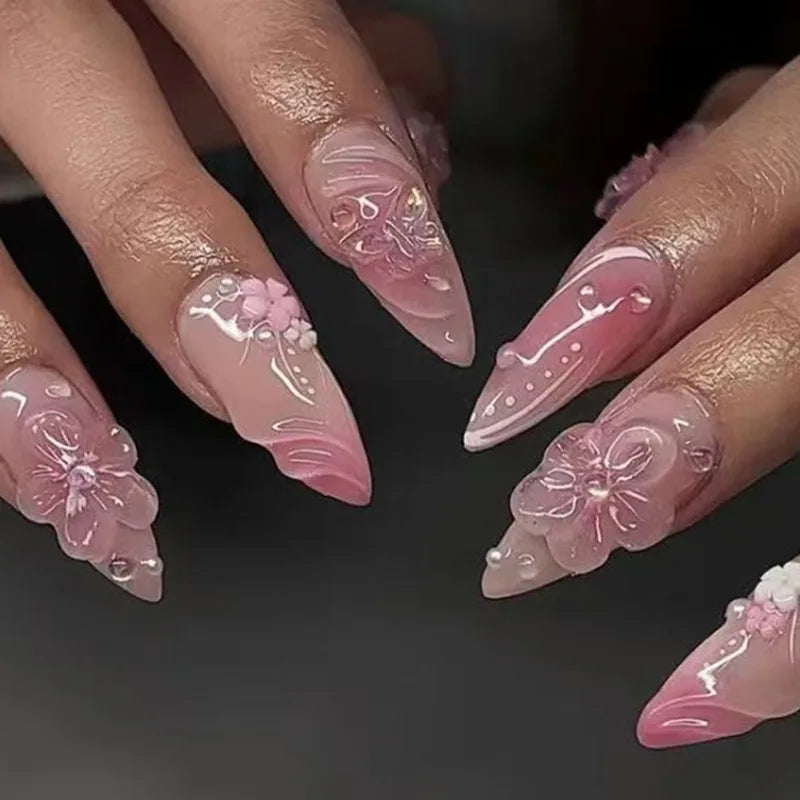 24PCS Pink Almond Press on Nails Full Cover Carved Flower 3D Ripples French Fake Nails for Women with Golden Pearl Wearable Nail